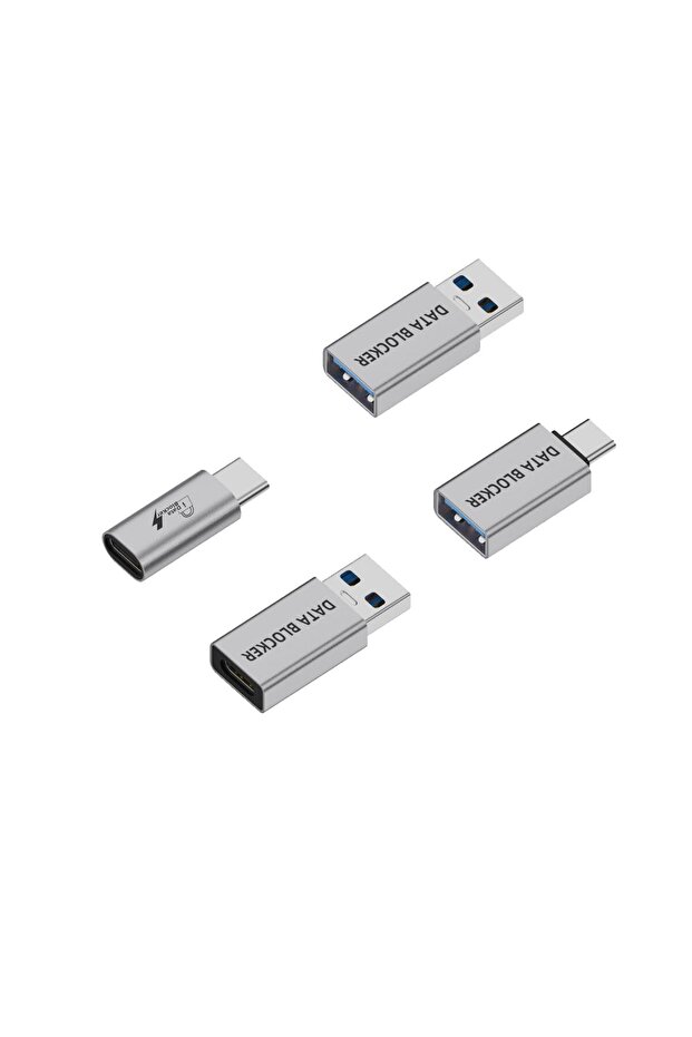 Silver 4-Pack Data Blocker Adapter Set,USB-C to C Female,USB-C to A Female,USB-A to C Female,USB-A t