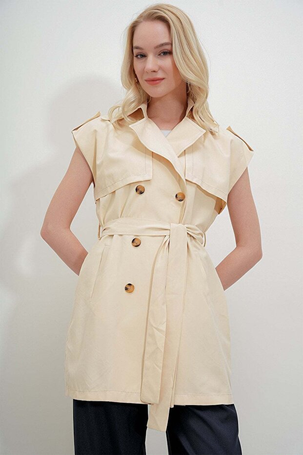 كاميل الخصر مربوط جيوب مزدوجة TRENCHCOAT