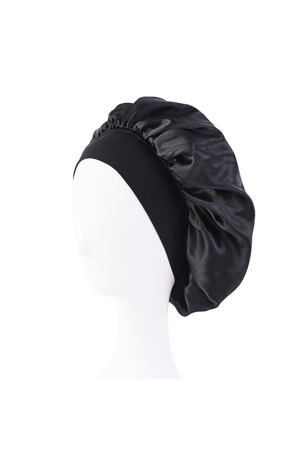 black New Satin Wide Brim Nightcap Silky Bonnet Hair Wrap for Sleeping Sleep Cap With Elastic Soft B