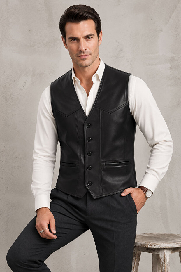 Classic Men's Genuine Leather Black Vest