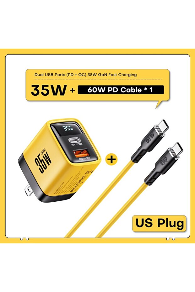 قابس أمريكي مع كابل ASOMETECH شاحن GaN 35 واط شاشة LED QC3.0 30 واط 25 واط PD PPS شحن سريع نوع USB