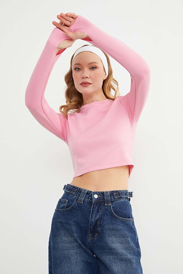 basic Bluză crop cu guler rotund degete