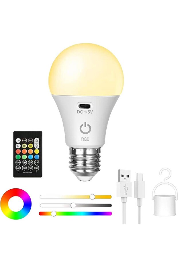 1 PCS Rechargeable Light Bulb with Remote Control Dim & RGB, Timer, E27 Base,Backup Emergen