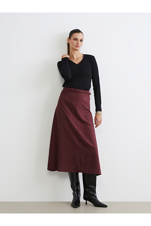 Burgundy Belted Suede Skirt