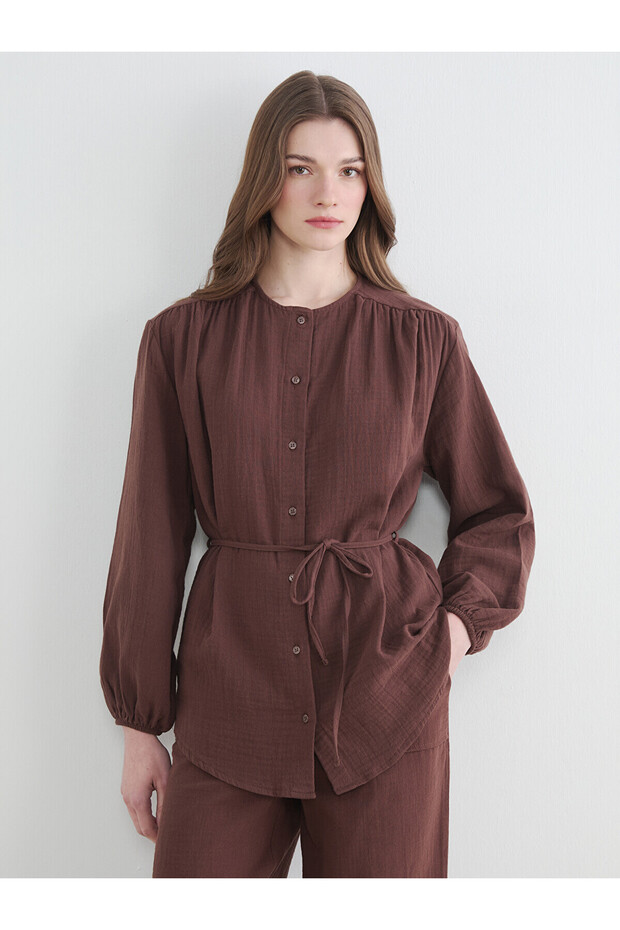 Lcw Modest Brown Women's Shirt Tunic with a Defined Collar and Belted Waist
