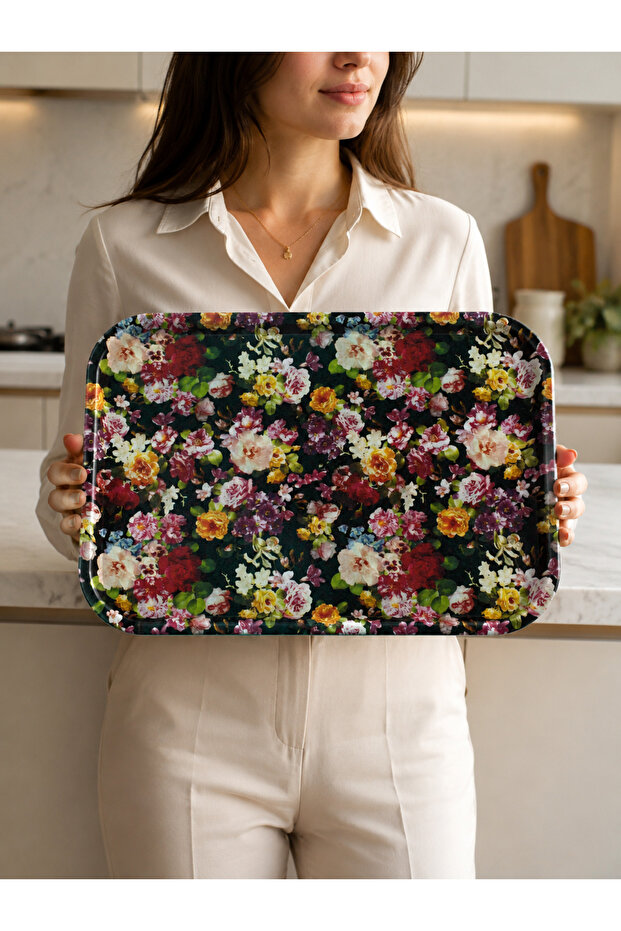 Decorative Tray with Leather Non-Slip Base | Stylish Coffee and Tea Presentation Tray | 42X30 cm