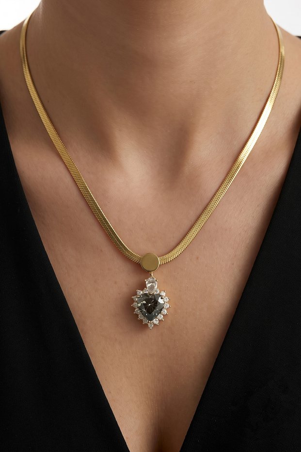 Steel 22K Grey Stone Heart Italian Chain Necklace 45 cm | Gold Color Non Tarnish Jewelry Women Steel Necklace