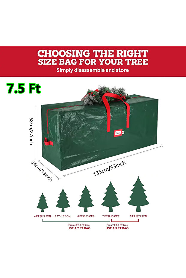 PE 135x34x68cm Christmas Tree Storage Bag, Fits 4FT to 9FT Artificial Trees, Waterproof Xmas Storage