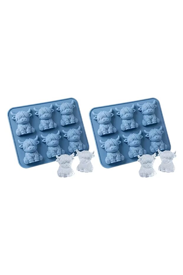 blue 2pcs Highland Cow Ice Cube Mold Highland Cow Silicone Tray Cute 3D Ice for WhiskeyCocktails Be