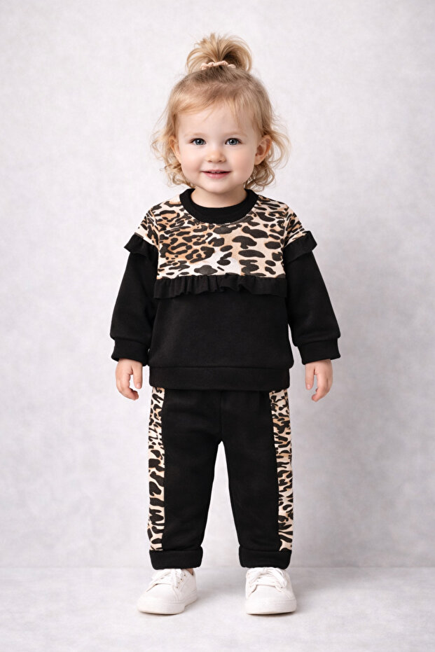 Baby Girl Leopard Detailed Ruffle 2-Piece Top and Bottom Set - Black