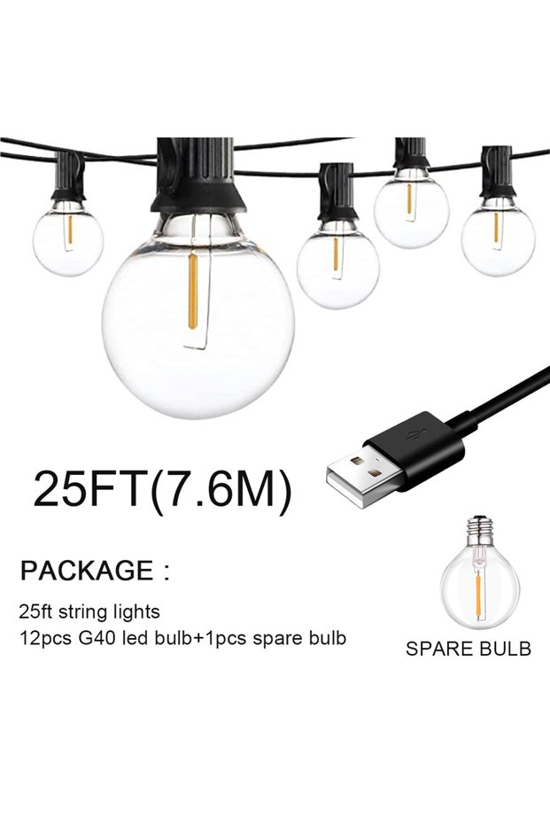 25ft(7.6m) 30m 15m 7.6m USB LED Lights 5V 1W G40 Plastic Bulb Outdoor Waterproof Tent Fairy Patio Fe