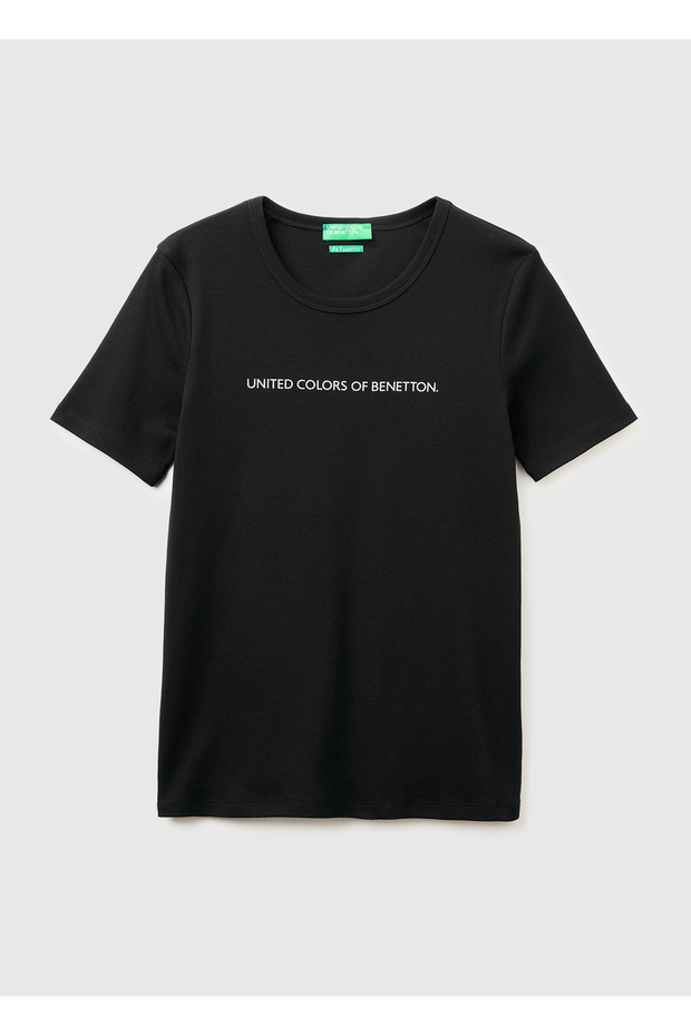 Women's black 100% cotton logo printed crew neck t-shirt