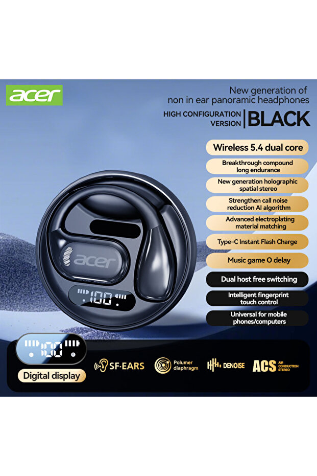 black 【Acer 510】Ows Wireless Earphones with Ear-Hook Design, Bluetooth Earphones, Comfortable to Wea