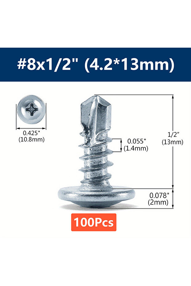 100Pcs 4.2x13mm (8x1-2) #8 Phillips Truss Head Self Drilling Tek Screw Zinc Oxide Sheet Metal Screws