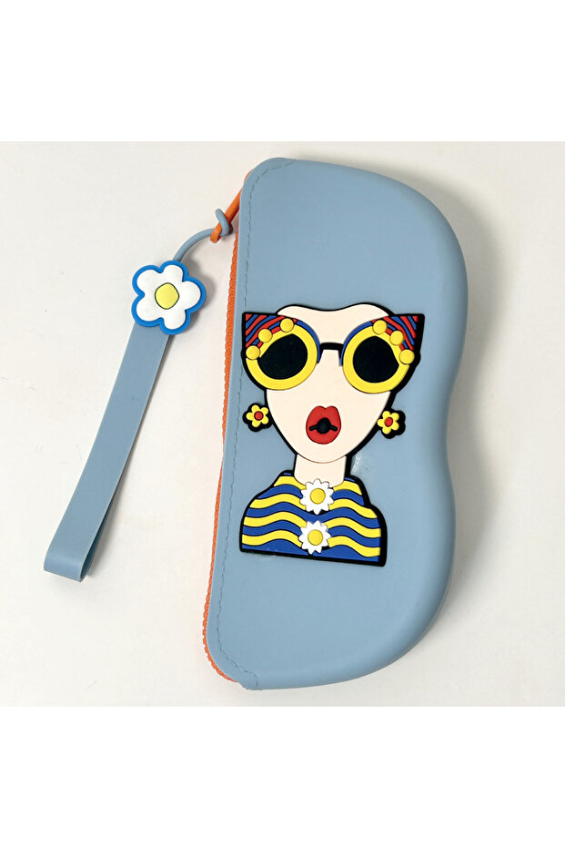 Blue flowers Soft Silicone Eyeglasses Pouch Case for Glasses and Sunglasses with Zipper Closure and