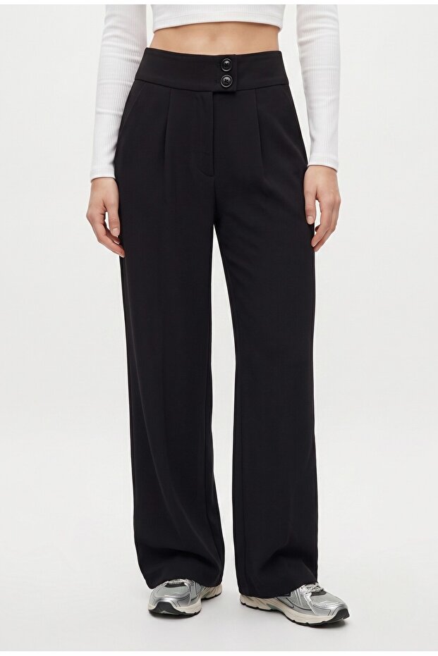 Lycra Series Move Double Buttoned Stretchy Black Palazzo Pants