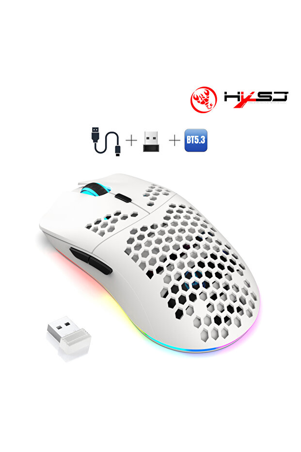 T66White HXSJ T66 3-Mode 10000DPI Gaming Wireless Mouse RGB Luminous 650mAh Rechargeable 6 Buttons M
