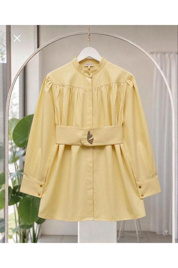 Leaf Brooch and Belt Decorated Loose Tencel Tunic [Buy Small Size, 75 Cm, Wide Fit]