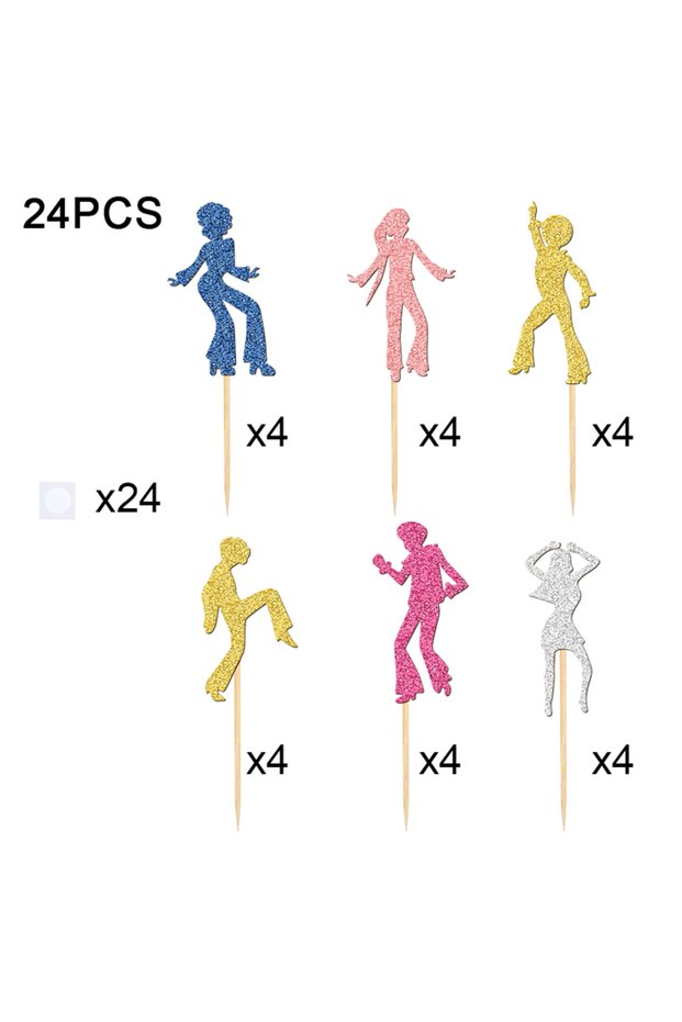 01 YOMDID 24Pcs Disco Cupcake Toppers Disco Cupcake Picks 70S 80S Glitter Disco Dancing Cupcake Topp