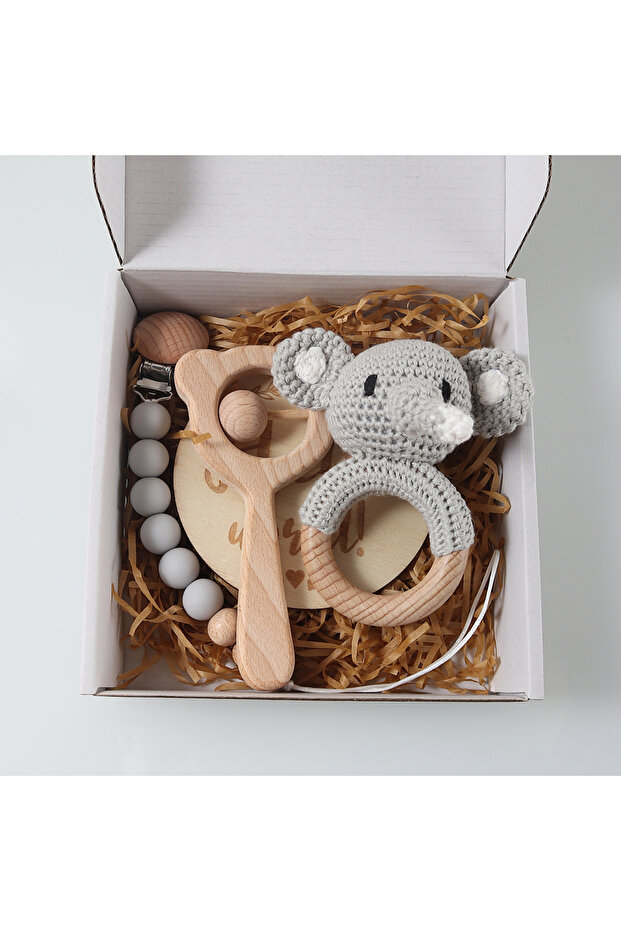 Light Grey 4pcs Newborn Gift Set - Baby Crochet Rattle Pacifier Clip, Teether, - Bunny Teether Eleph