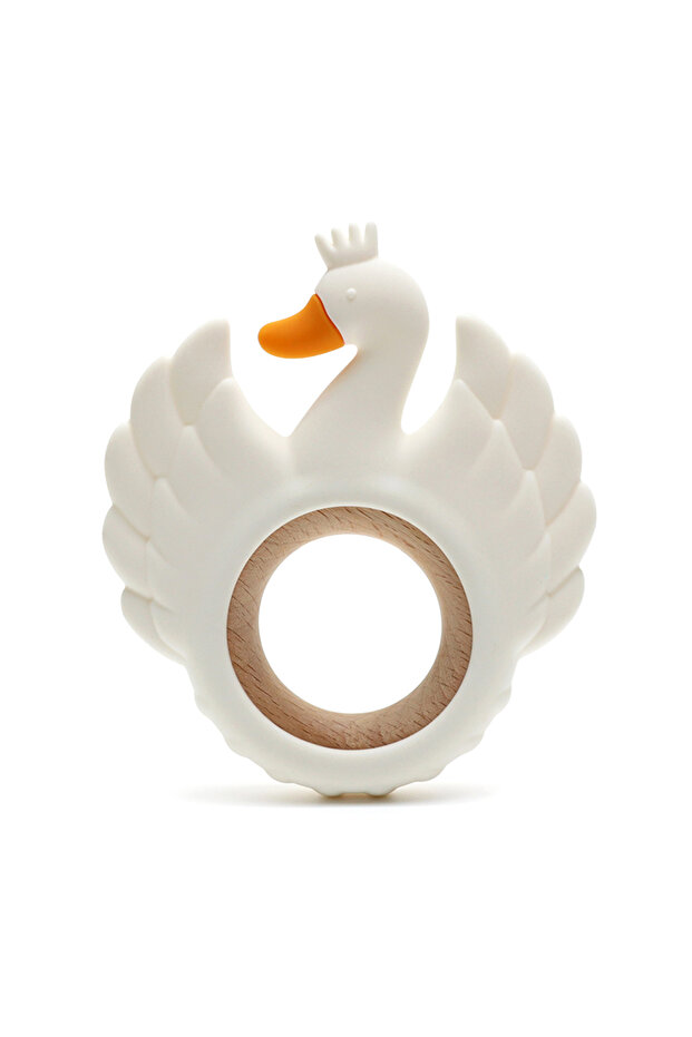 moonpie WHITE New Swan Silicone Teether Food Grade Wooden Ring Baby Teething Toy