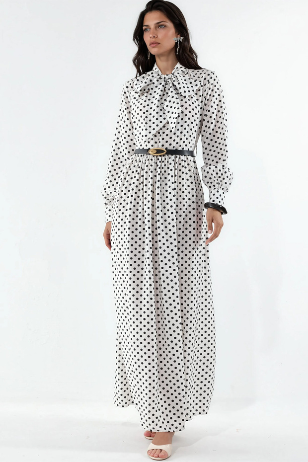 Women's Belted Polka Dot Hijab Dress 1537 - White