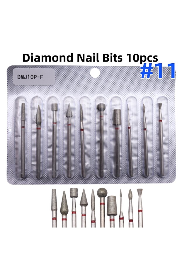 No11 10pcs Russian Manicure Diamond Nail Drill Bits Set – Cuticle Prep, Dead Skin Removal, Nail Dril
