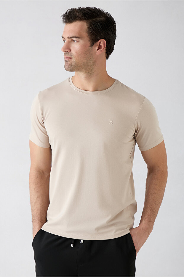Crew Neck Slim Fit Soft Textured Cotton Lycra Stretchy T-Shirt