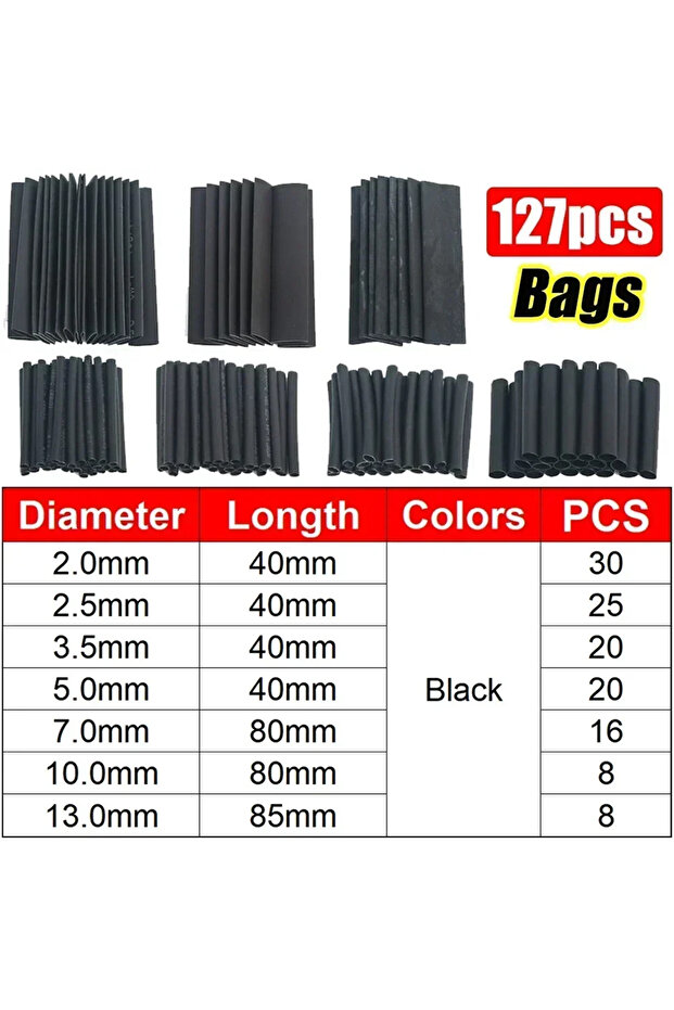 Mixed-size Black-127pcs (bags) 164PCS 2: 1 Cable Shrink Tube Kit Heat Assorted Pack Thermoretractile