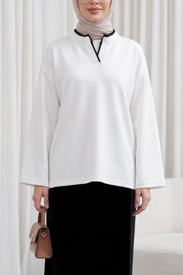 V-Neck Double Layer 2-Thread Combed Cotton Blouse -White