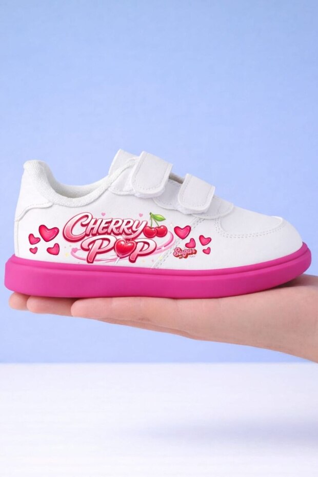 Pink Sole Cherryy Popi Lettering Printed Girls' Sneakers