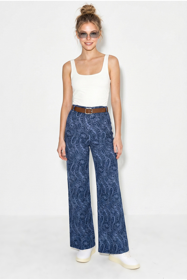 Women's Navy Blue Belted Lycra Shawl Patterned High Waist Wide Leg Trousers 7671 60286220