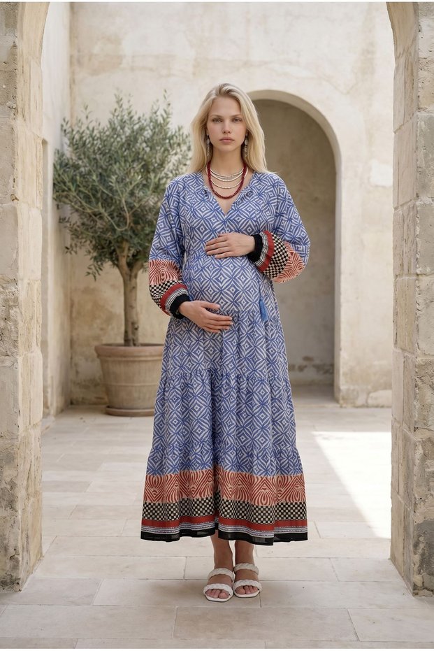 Women's Tassel Collar Cotton Maternity Dress Marine Patterned Long Sleeve Summer Dress