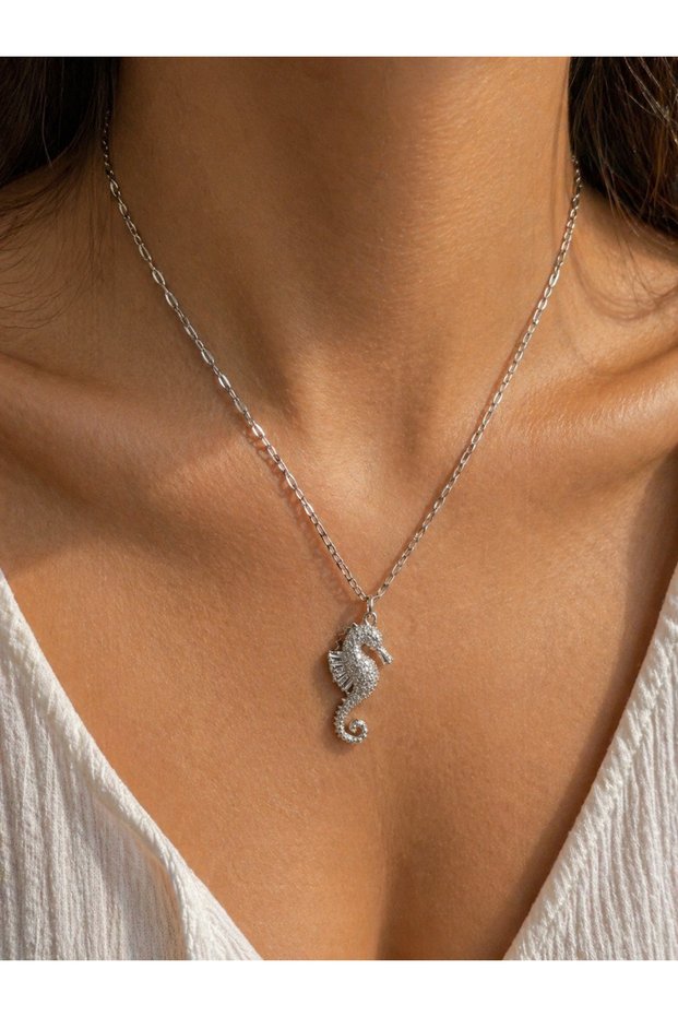 Beach Silver Sea Horse Zircon Necklace Steel Collection Stainless Steel Antiallergic