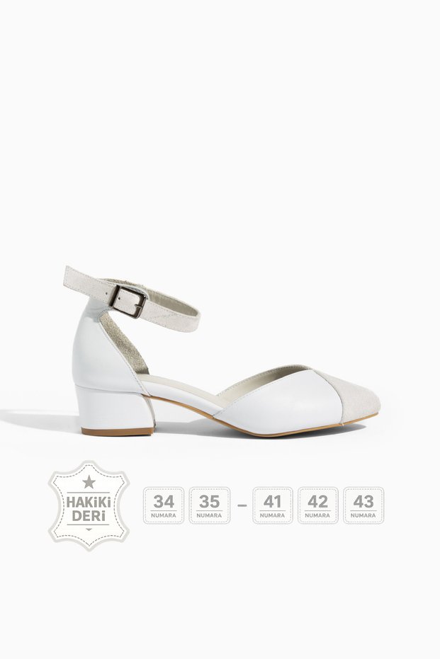 Liora Duo White Genuine Leather & Suede Women's Short Heeled Shoes 34-43 Size Ankle Strap Comfortable