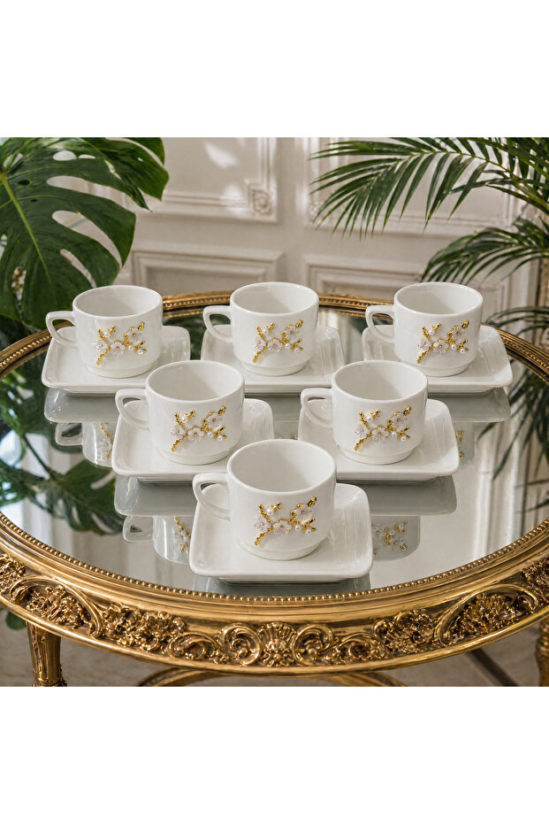 6-Person Daisy Figured Porcelain Coffee - Teacup Set with Gold Detailing and Luxurious Presentation Box