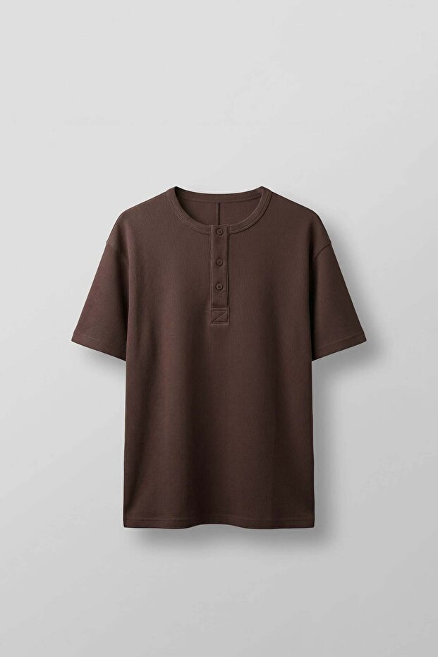 Men's Relaxed Fit Ribbed Knitted Buttoned Collar T-Shirt Brown