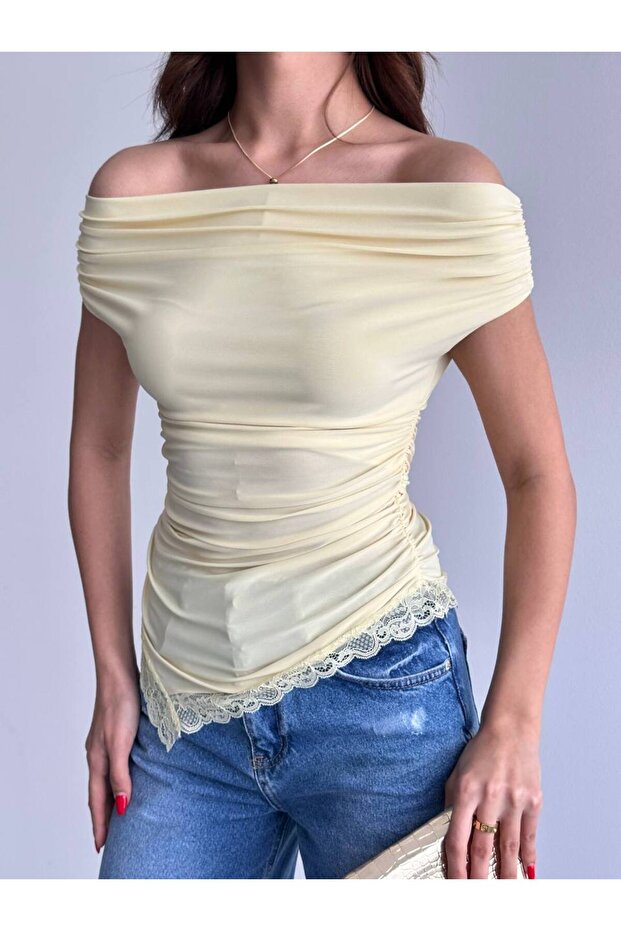 Women's Boat Neck Draped Lace Detailed Blouse