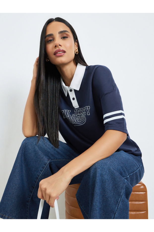 Navy Blue Slogan Contrast Collar Oversized Polo T-Shirt