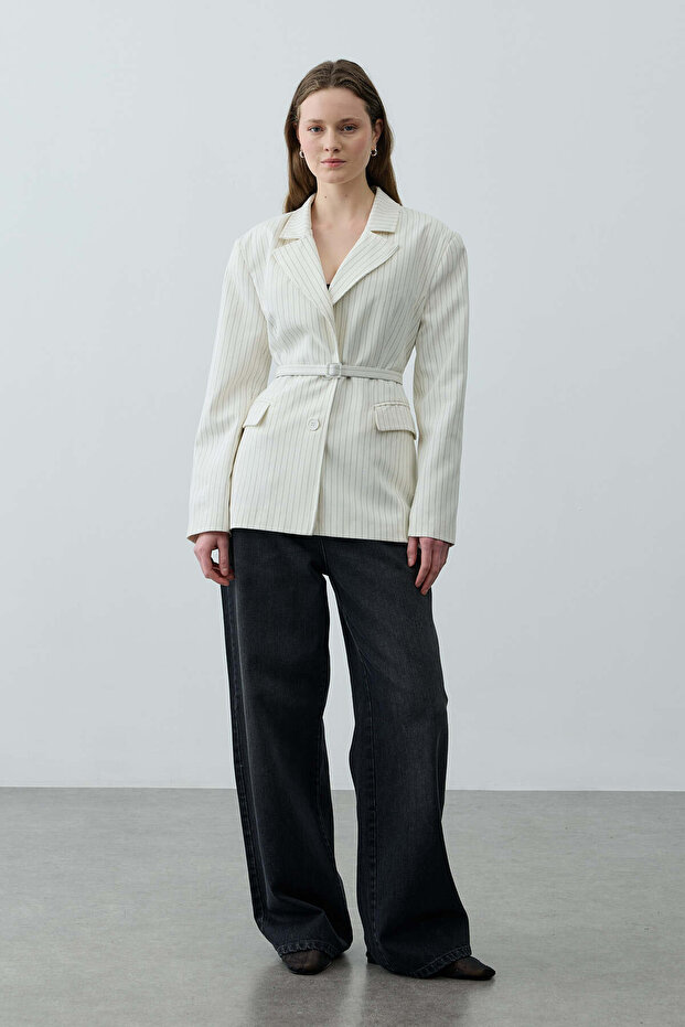 Striped Pencil Blazer Jacket Ecru