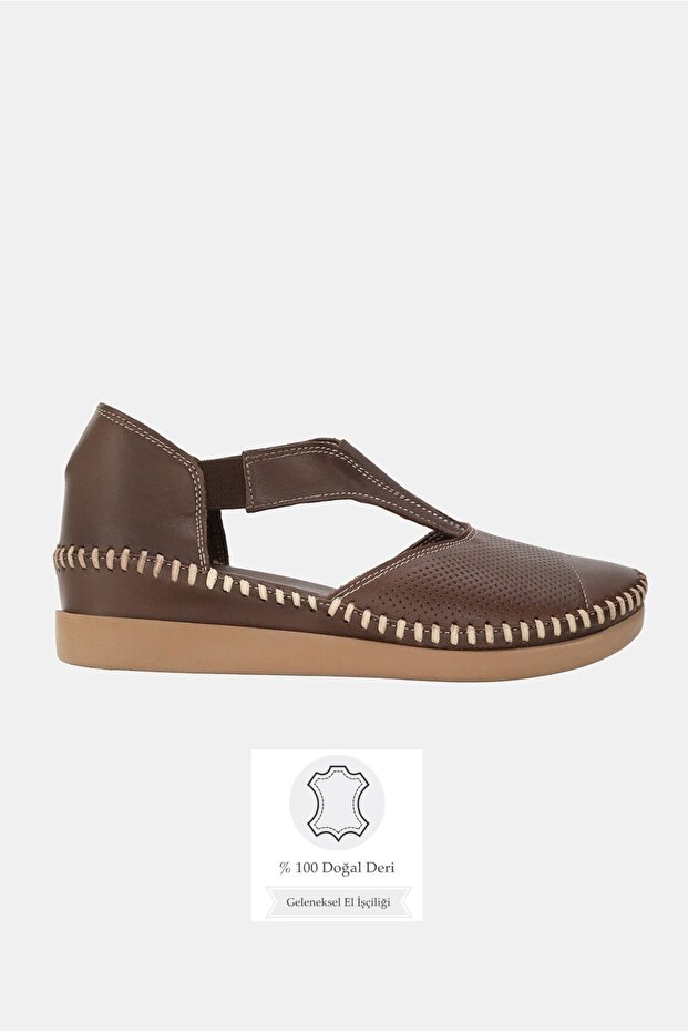 Women's Brown Genuine Leather 35-41-42 Size Strappy Flat Wedge Heel Side Open Sandals