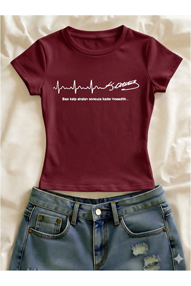 Ataturk Printed Lycra Slim Fit Short Sleeve Crew Neck Tee Crop