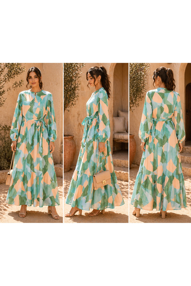 Mint Peach Abstract Geometric Print Casual Dress
