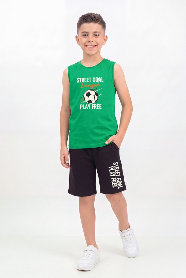 Zero Sleeve Round Neck Print Detailed Boys' Top and Bottom Set