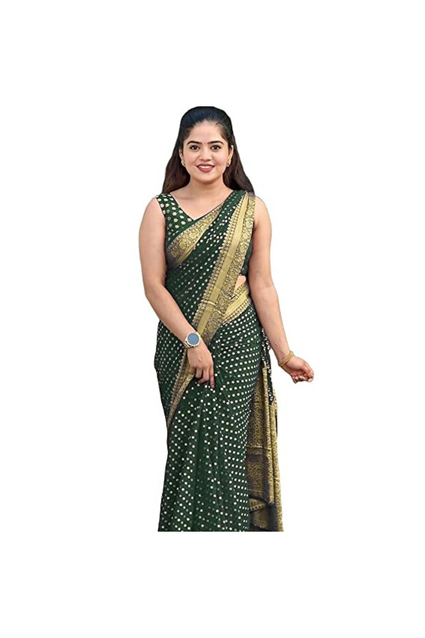 Green Art Silk Polka Dot Saree with Zari Border - MAF3119 | Green
