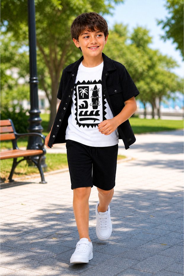 Ri̇o 60505-26 Boy's 3-Piece Set Shirt T-Shirt Shorts Summer Casual Daily Use