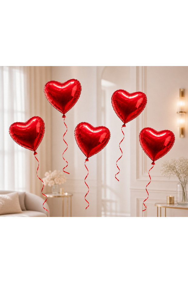 Set of 5 Red Heart Foil Balloons + Balloon String + Balloon Tape
