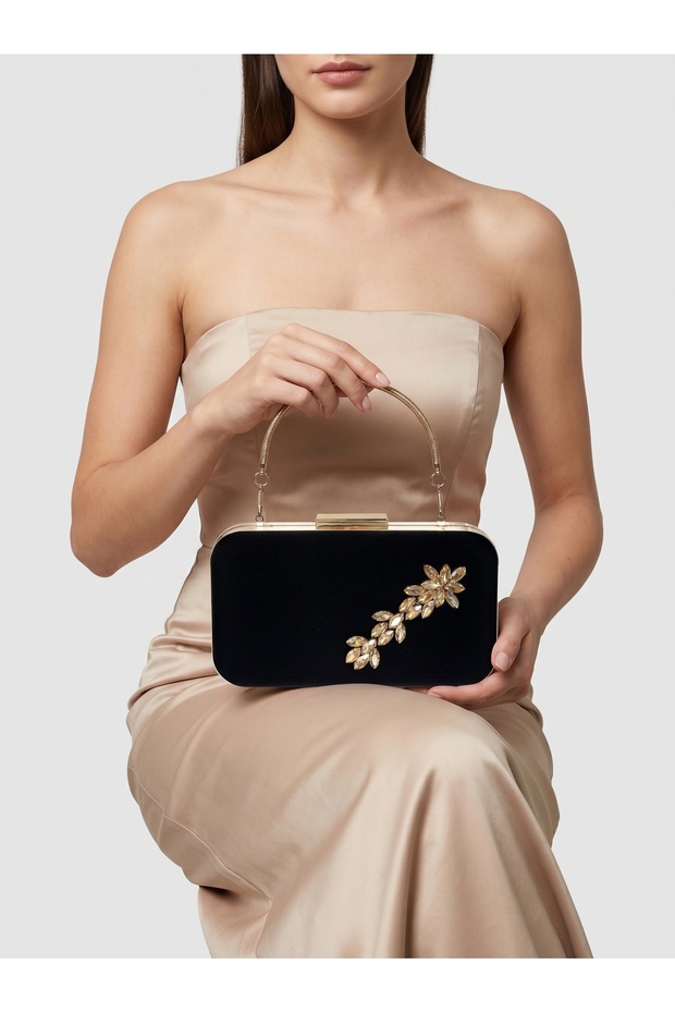 Black Z.A.R.A. Satin Gold Detail Crystal Stone Embroidered Chain Women's Evening Dress Bag Wedding Engagement Graduation