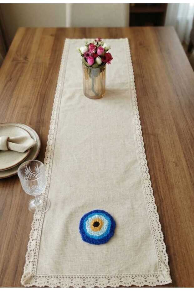 100% Handmade Embroidered Vintage Laced Natural Linen Fabric with Evil Eye Beads Themed 30X90 cm Runner