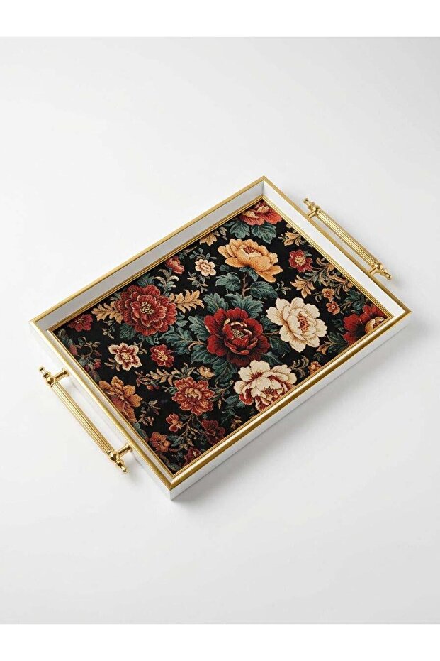 Digital Printed Glass Serving Tray – Efsun Motif, Metal Handle 46X28 cm